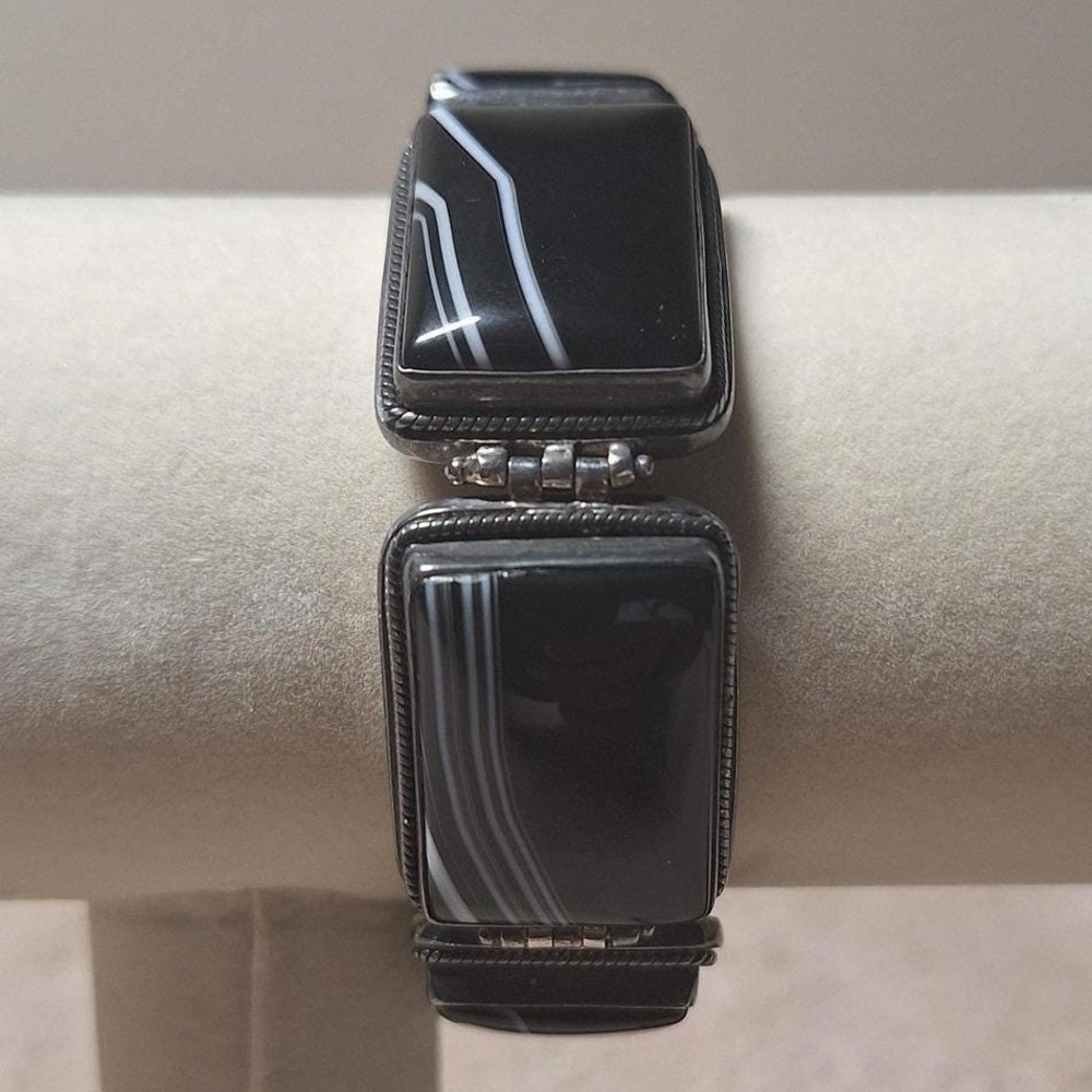 Black banded agate bracelet in sterling silver artisan crafted 7 inches BOLD